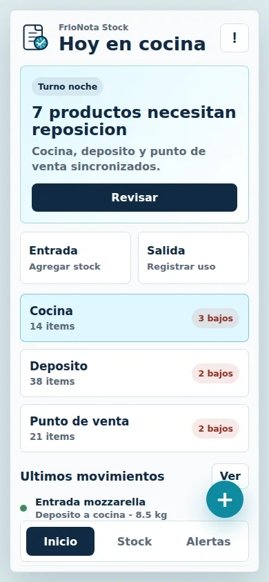 Pantalla de Frío Nota Stock con alertas de reposición y movimientos de cocina