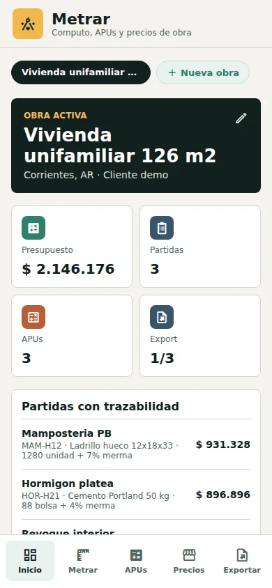 Pantalla de inicio de Metrar con resumen de obra, presupuesto y partidas