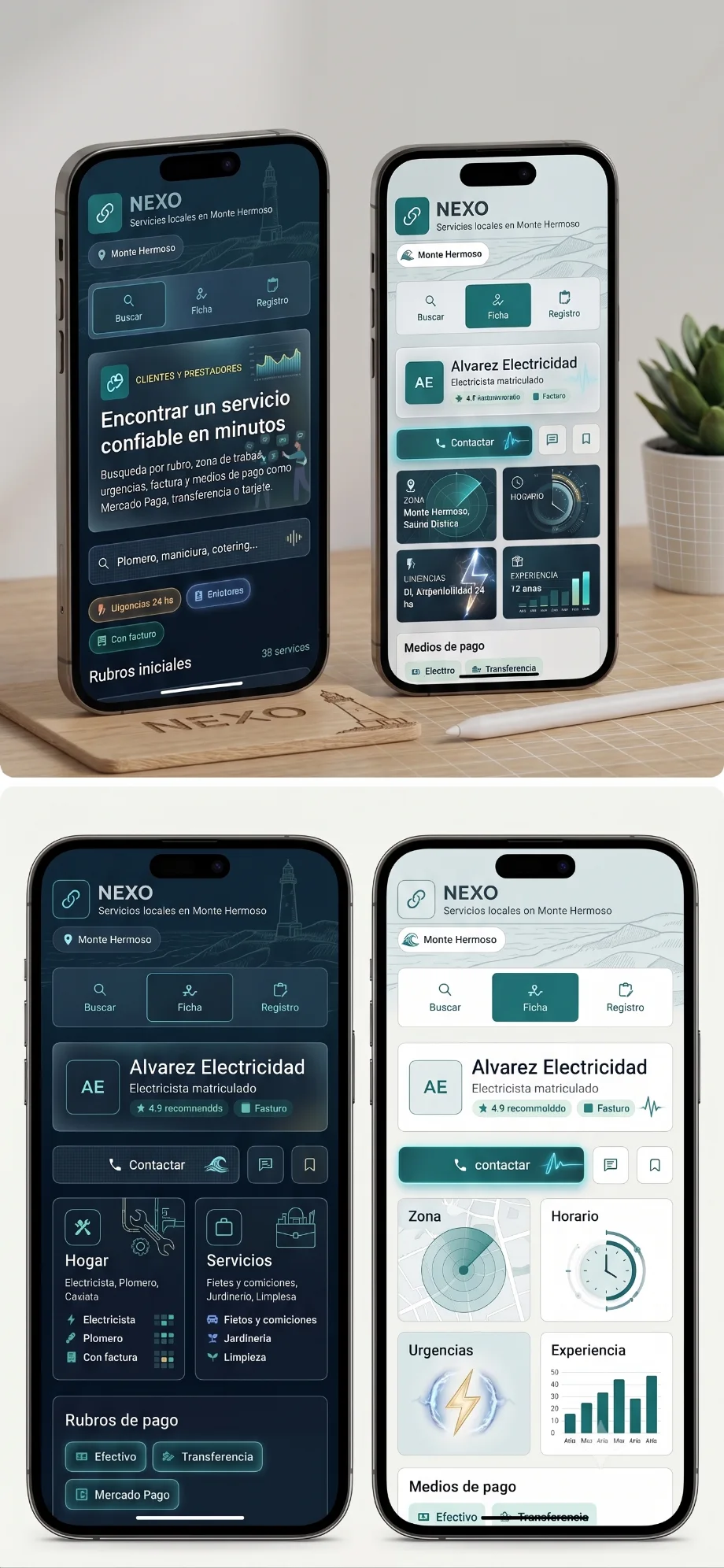 Showcase de Nexo con pantallas móviles de búsqueda y ficha de servicios locales