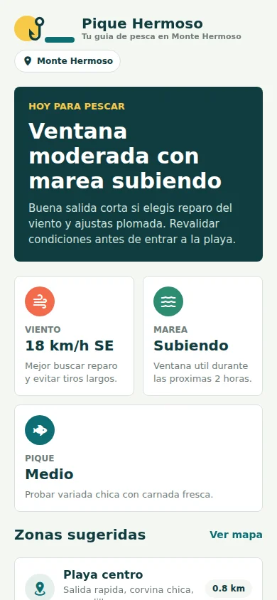 Pantalla de Pique Hermoso con ventana de pesca, viento, marea y zonas sugeridas