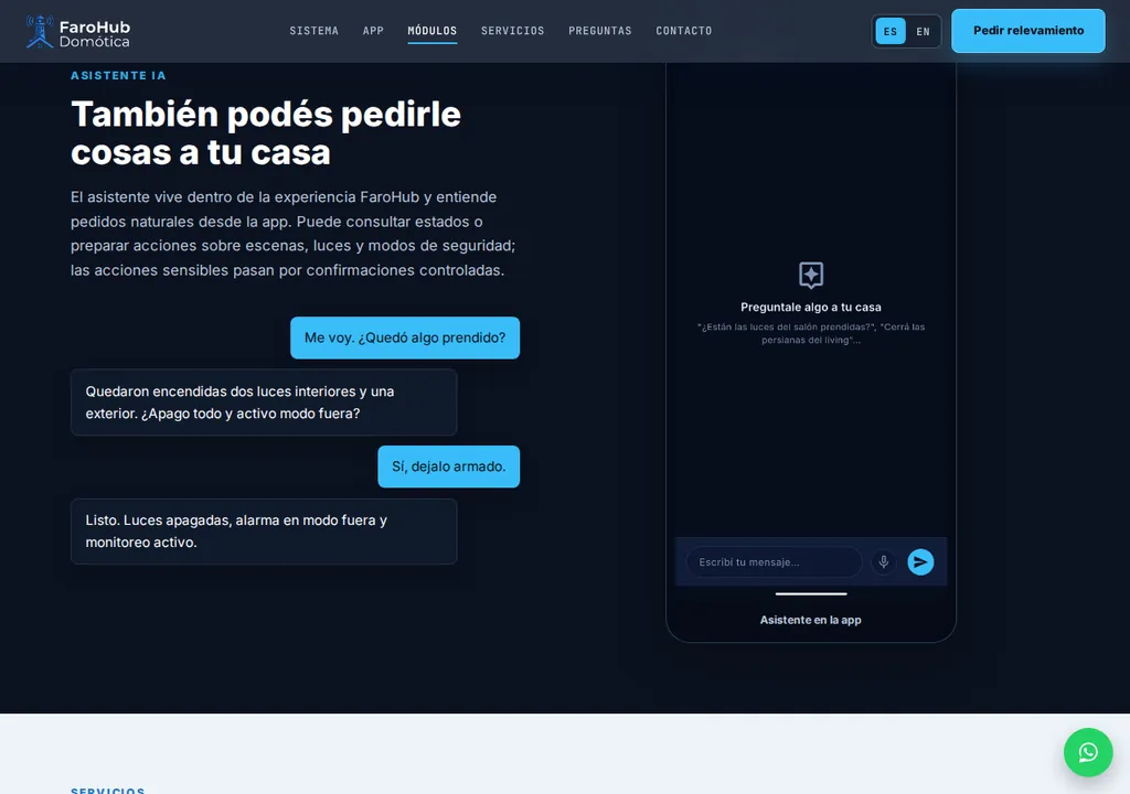 Sección de asistente con IA del sitio FaroHub