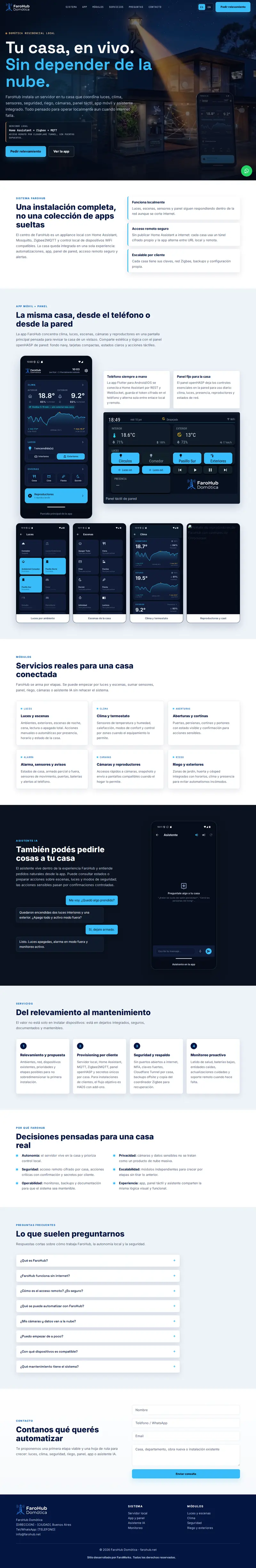 Landing completa del sitio web de FaroHub