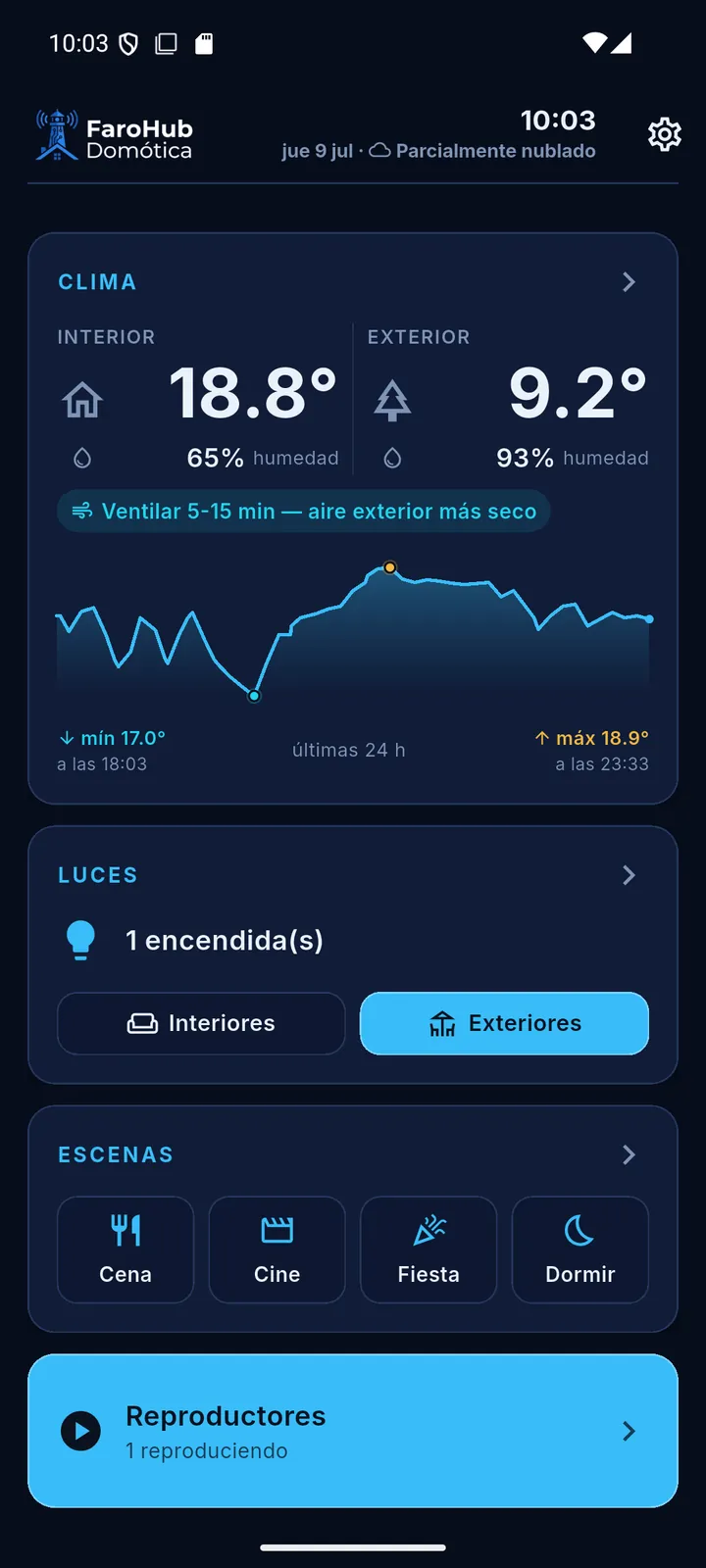 Pantalla principal de FaroHub Mobile con clima, luces, escenas y reproductores