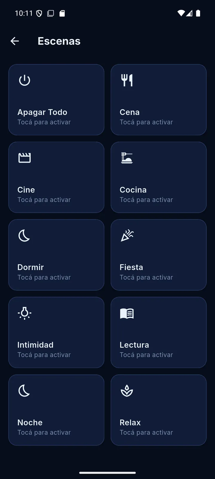 Pantalla de escenas de FaroHub Mobile